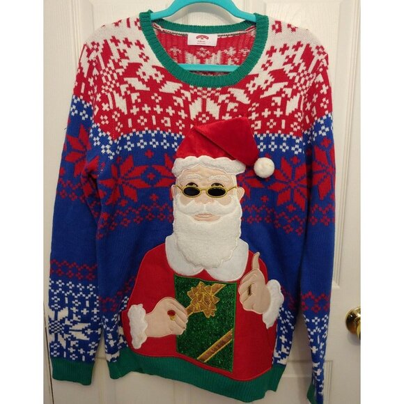Holiday Time Santa Claus Ugly Christmas Sweater W REAL Cup Beer Holder Size M - Picture 1 of 5
